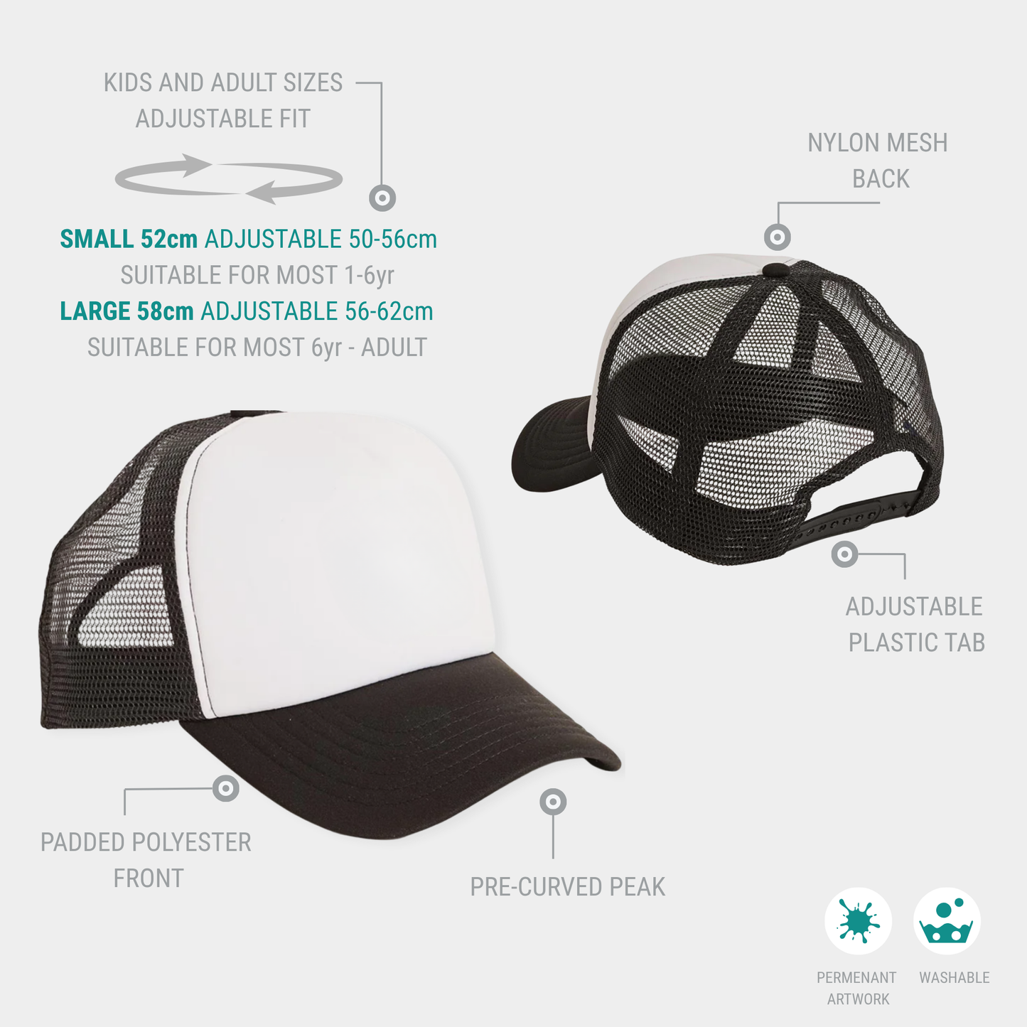 Black and white mesh cap with features highlighted on a white background