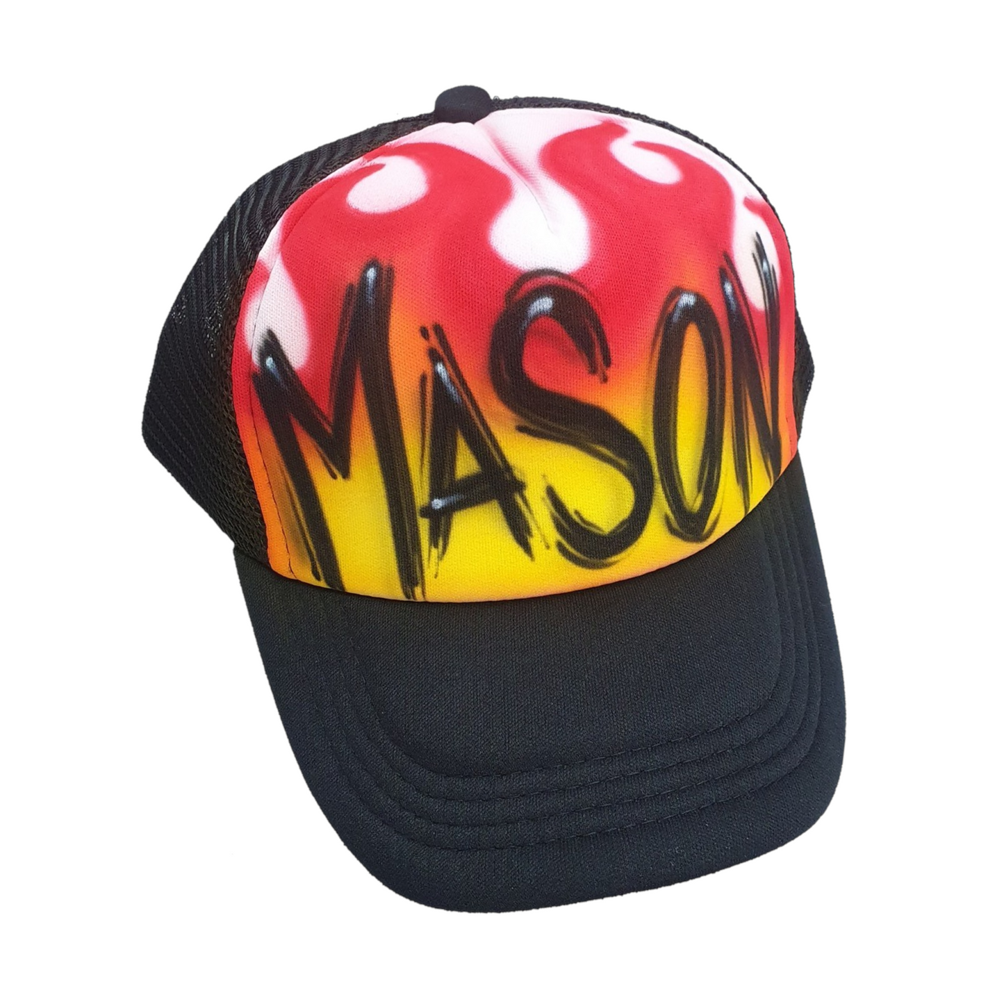 Black airbrush trucker cap with colorful fire background displaying the name 'MASON'