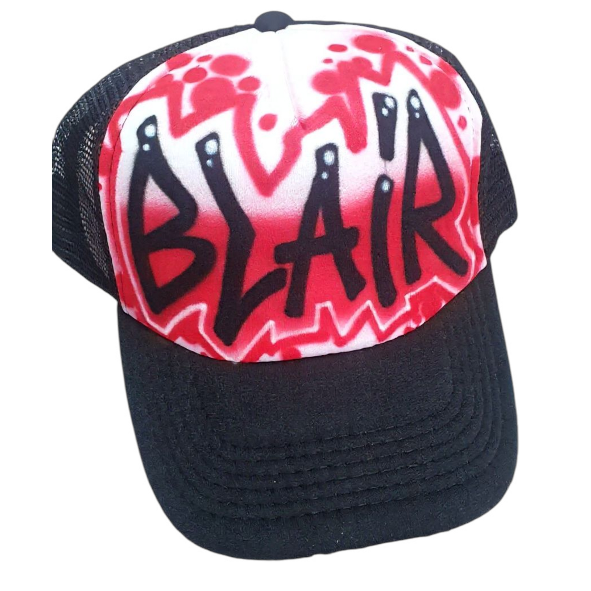 Black trucker cap with red and white design and 'BLAIR' airbrushed text on a white background