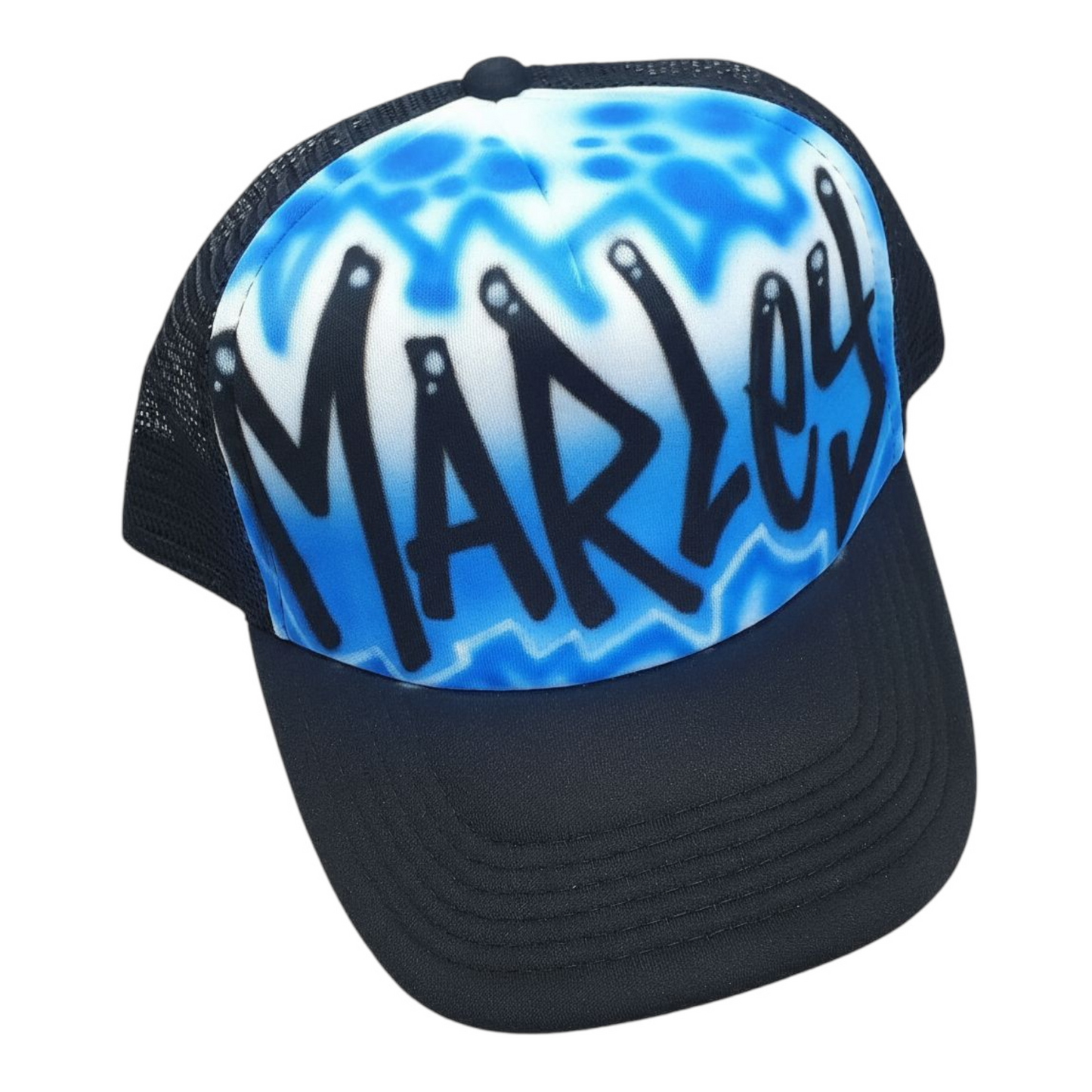 Black trucker cap with blue and white design and 'Marley' text on a white background