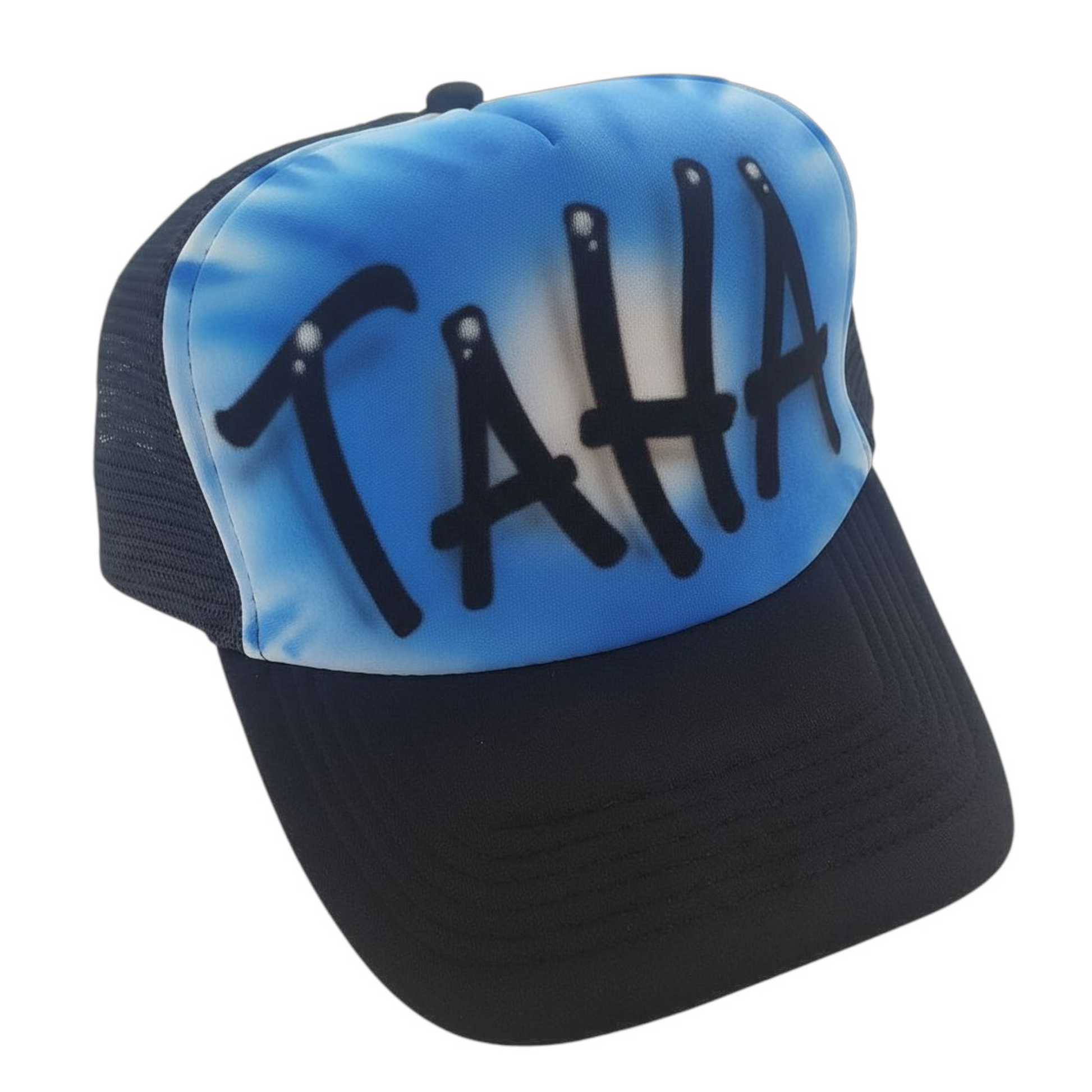 Black trucker cap with blue airbrush design 'TAHA' text on a white background