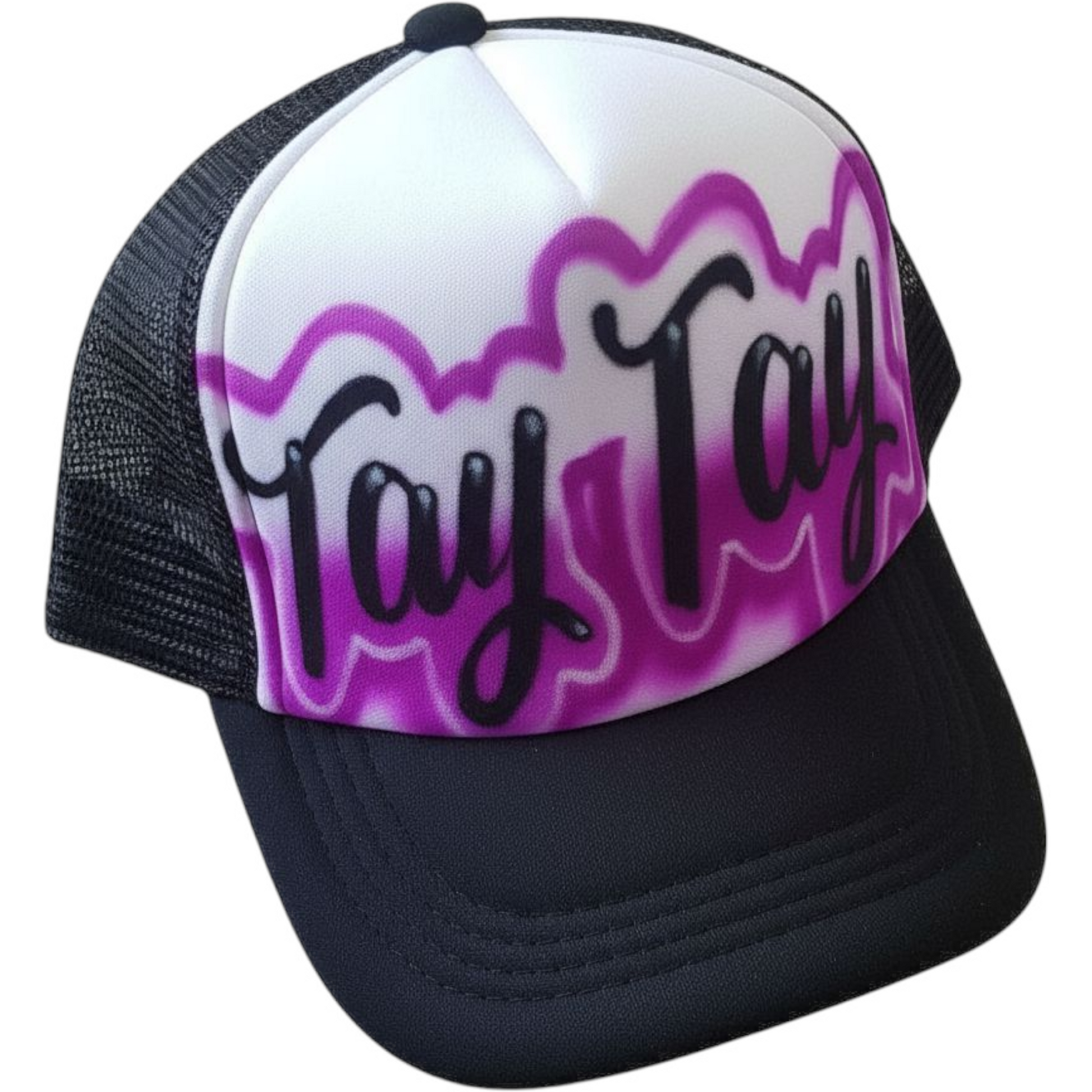 Black Trucker hat with 'Tay Tay' script text airbrushed with a purple design on a white background