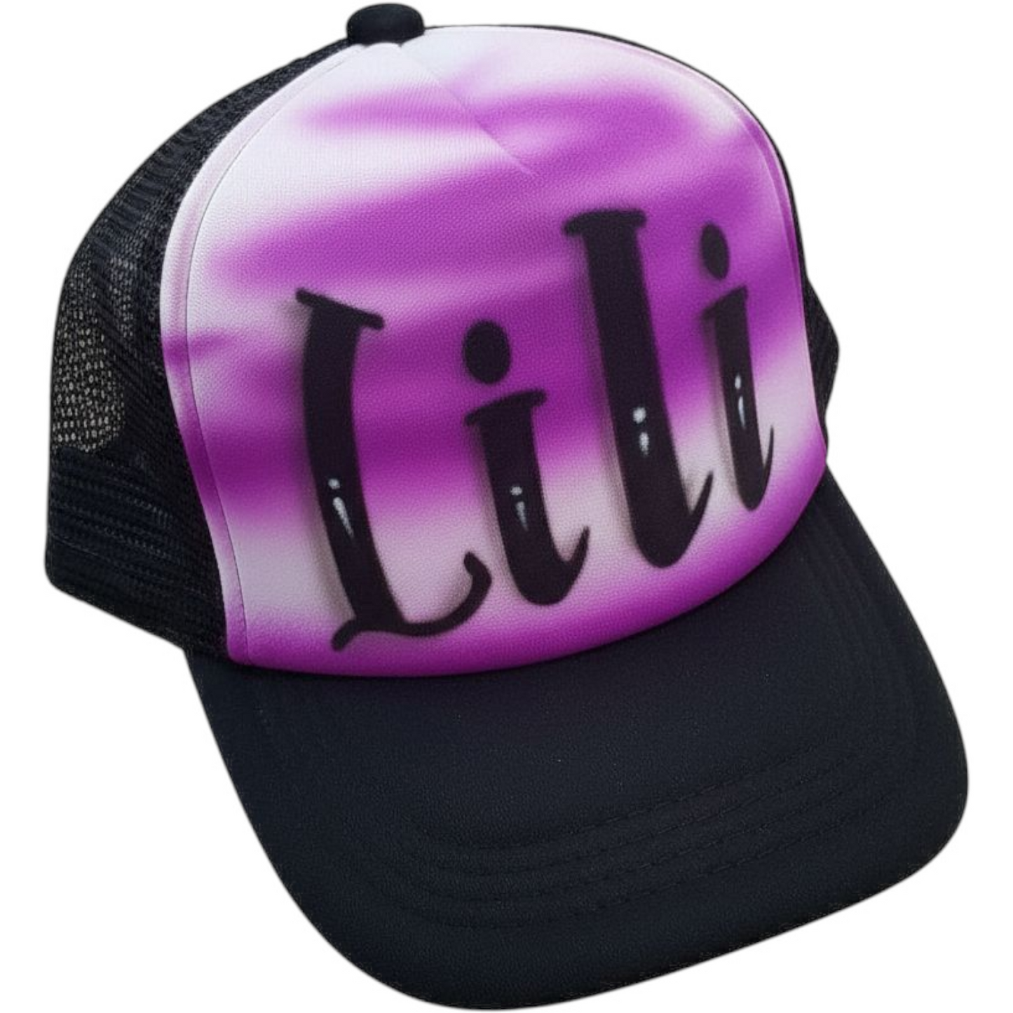Black trucker hat with 'Lili' text airbrushed in a purple design on a white background