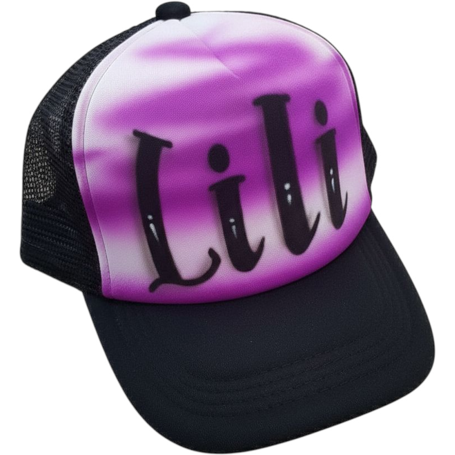 Black trucker hat with 'Lili' text airbrushed in a purple design on a white background