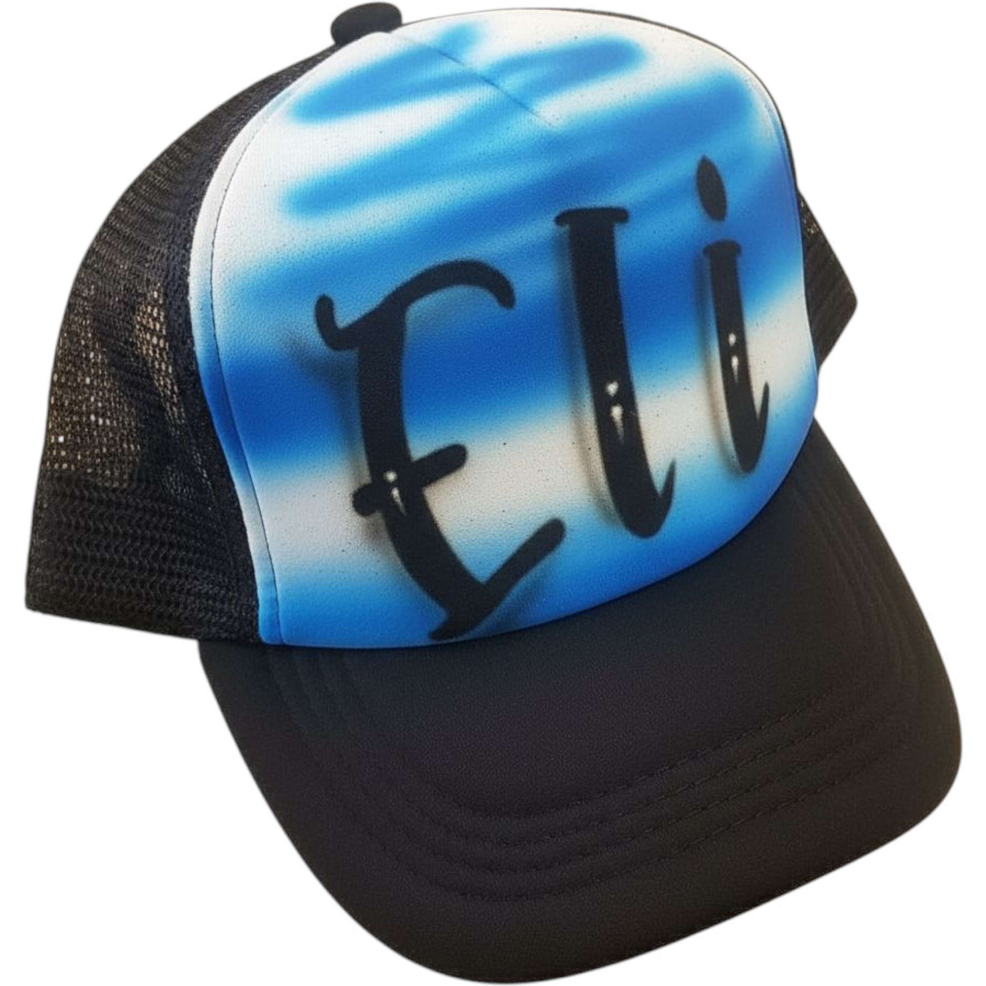 Black trucker hat with 'Eli' airbrushed with a blue design on a white background