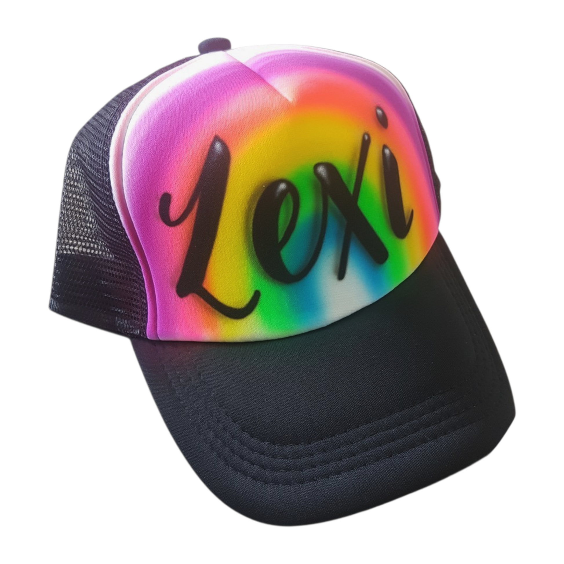 Black trucker cap with a colorful rainbow design and 'Lexi' airbrushed on a white background