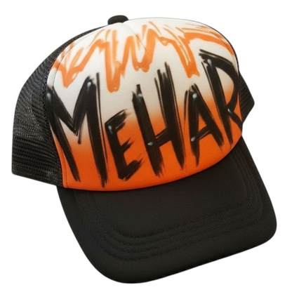 Black trucker cap with 'MEHAR' text airbrushed with a orange design on a white background