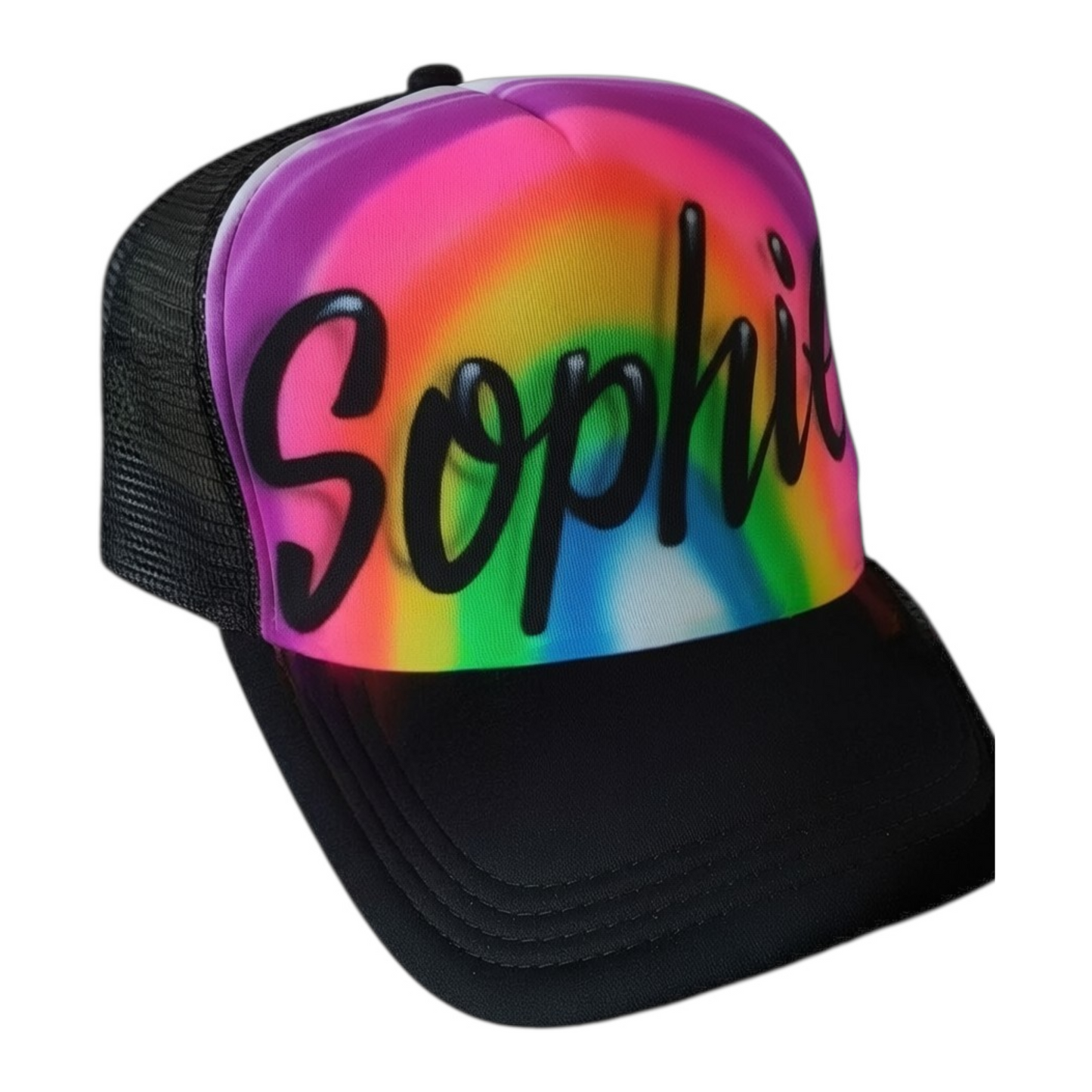 Colorful rainbow trucker hat with 'Sophie' airbrushed on a white background