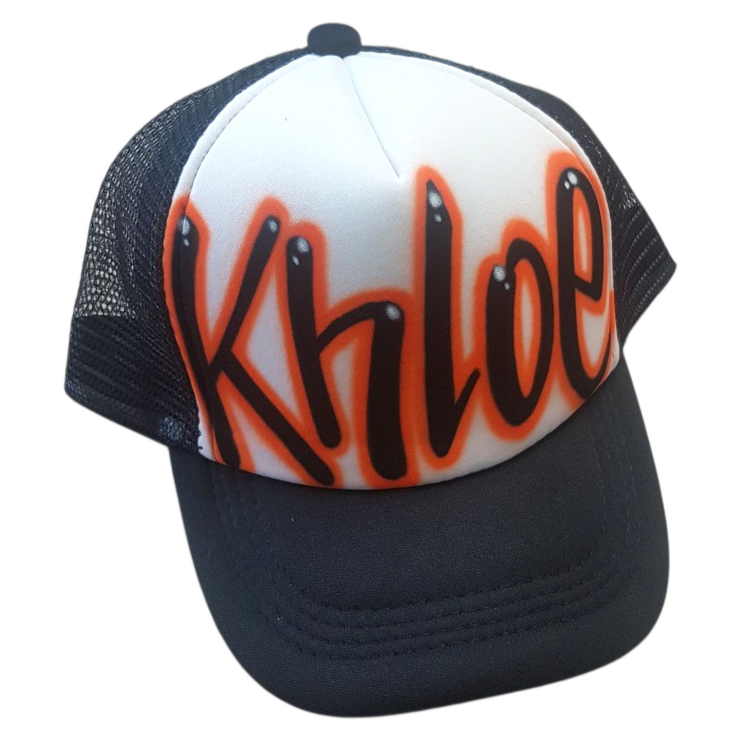 Black and white trucker cap with 'Khloe' in orange and black airbrush design on a white background
