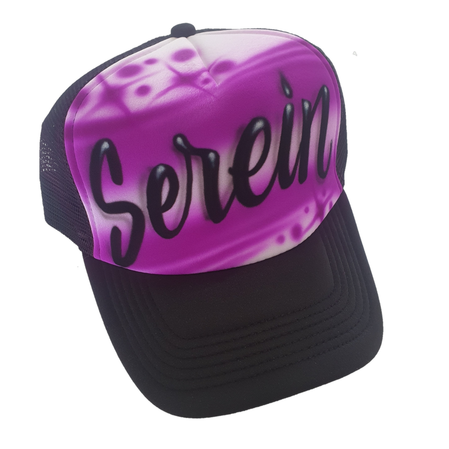 Black trucker cap with a pink and white patterned design featuring the word 'Seren' airbrushed