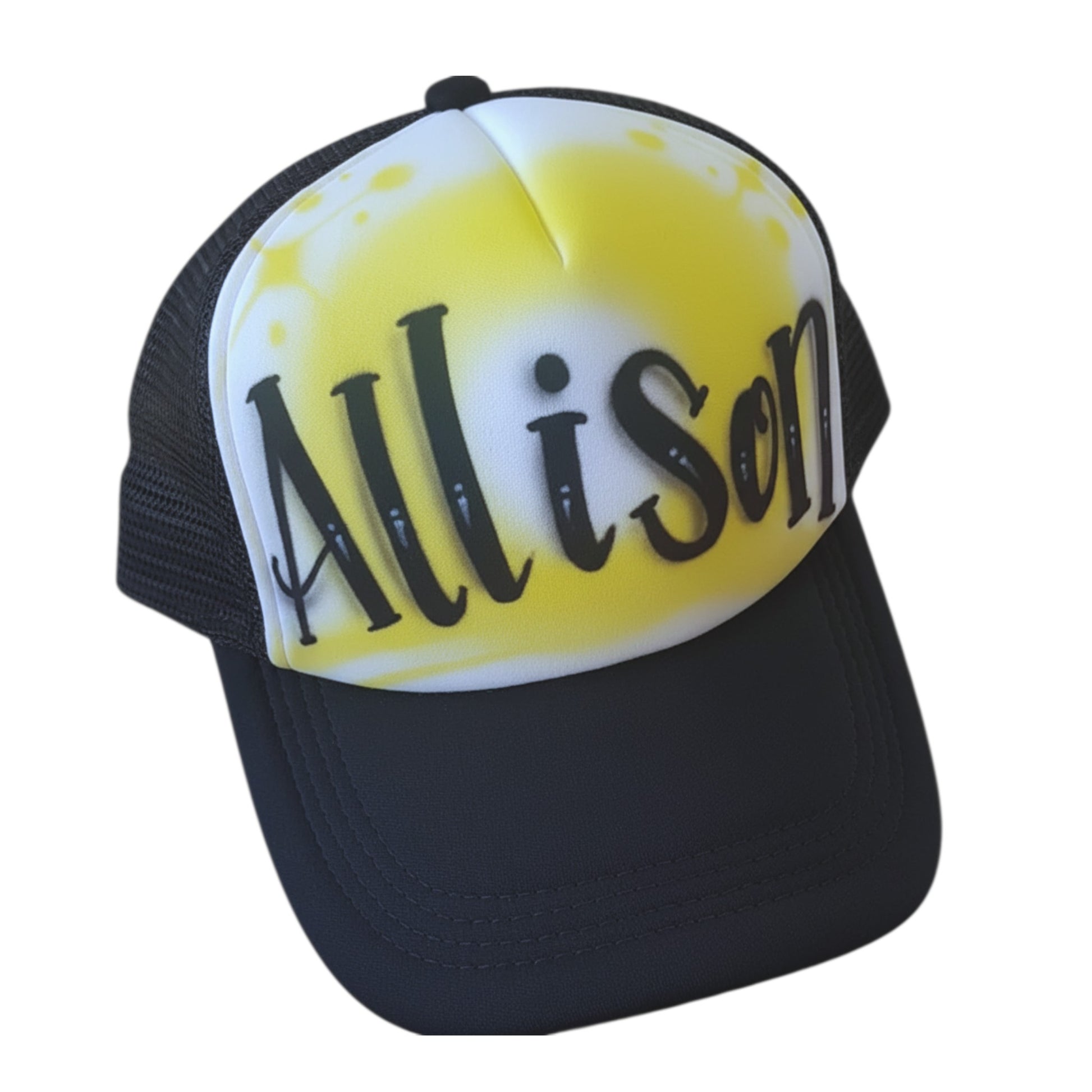 Black trucker cap with yellow and white design featuring the name 'Allison' airbrushed in a fancy font