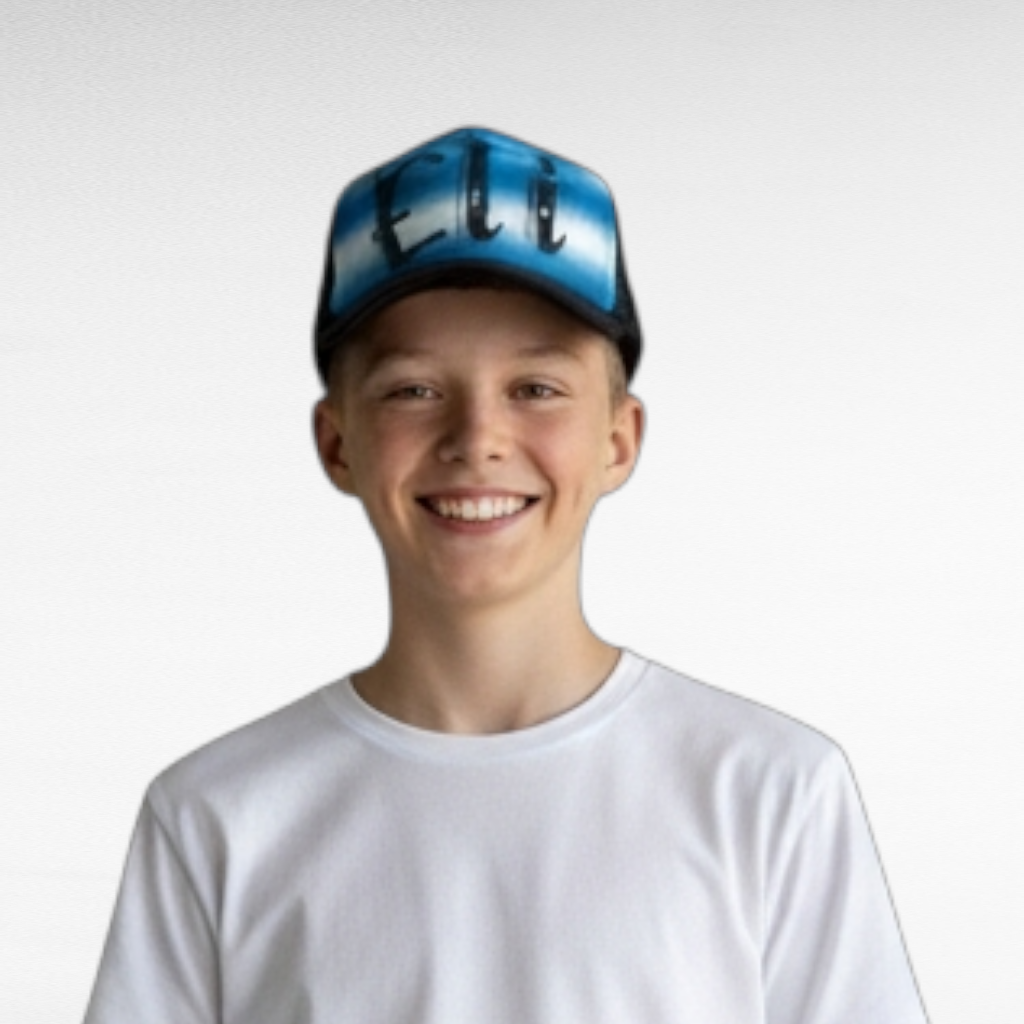 Young person wearing a black cap with a white background Airbrush Name design with blue background 