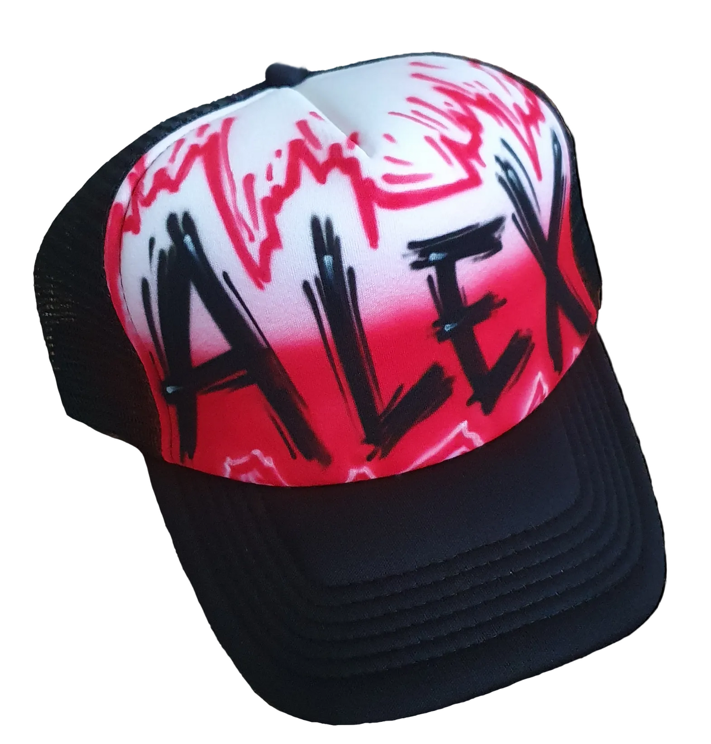 Black Trucker Cap with Airbrush Name ALEX in a scratchy font and red design on white background