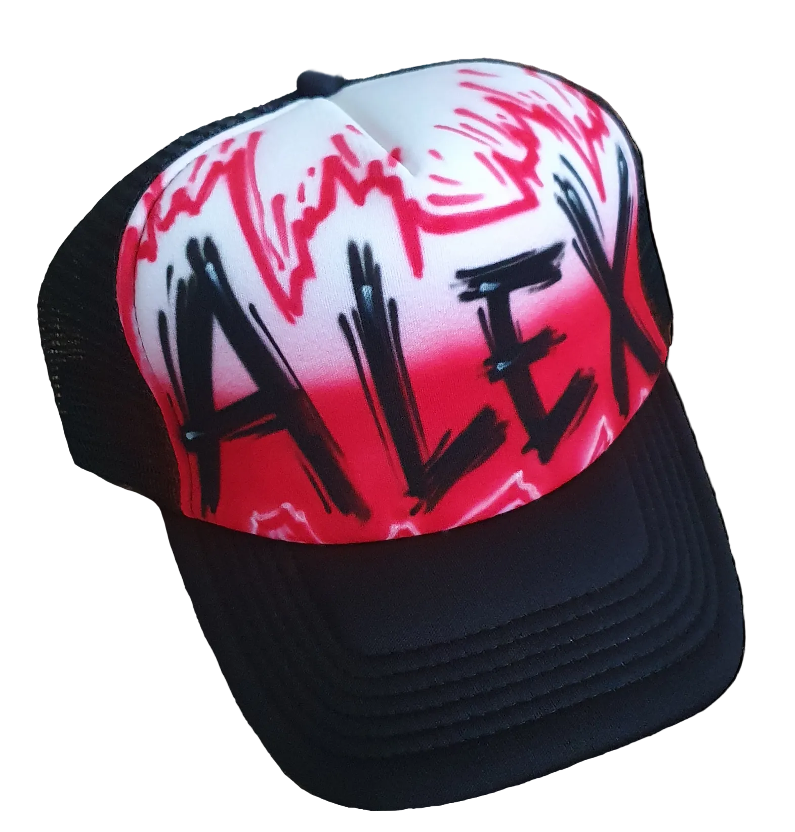 Black Trucker Cap with Airbrush Name ALEX in a scratchy font and red design on white background