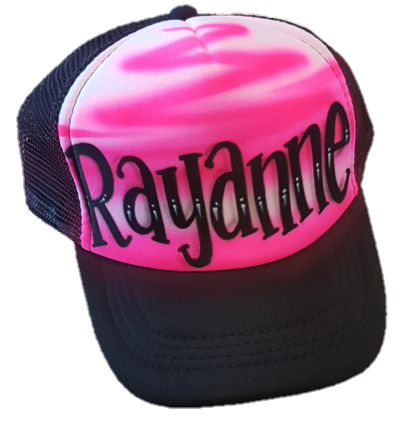 Black airbrush trucker cap with name Rayanne in a fancy font pink background design