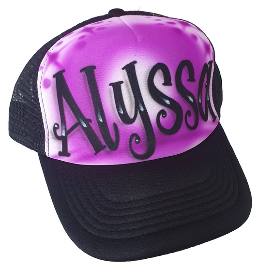Black trucker cap with airbrush name design Alyssa in purple on a white background 